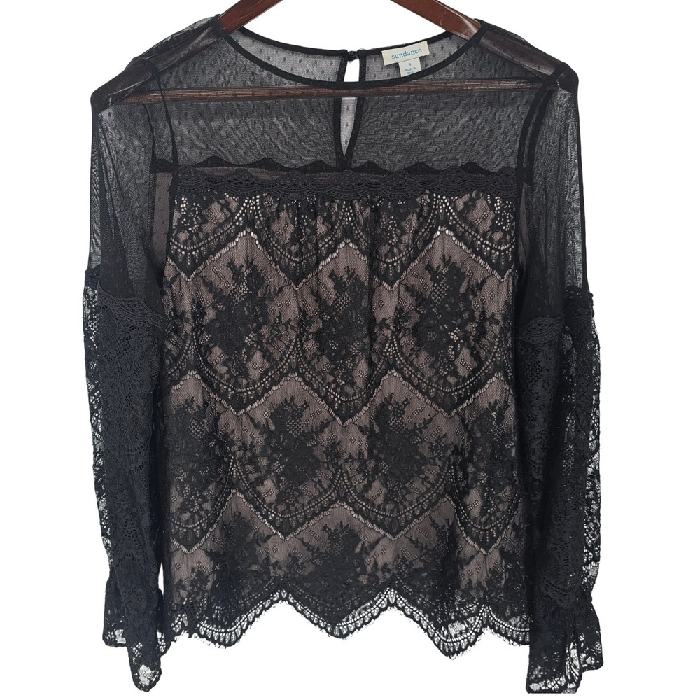 Sundance Blouse Top Shirt Size S Black Lace Sheer Overlay Bell Sleeve Romantic